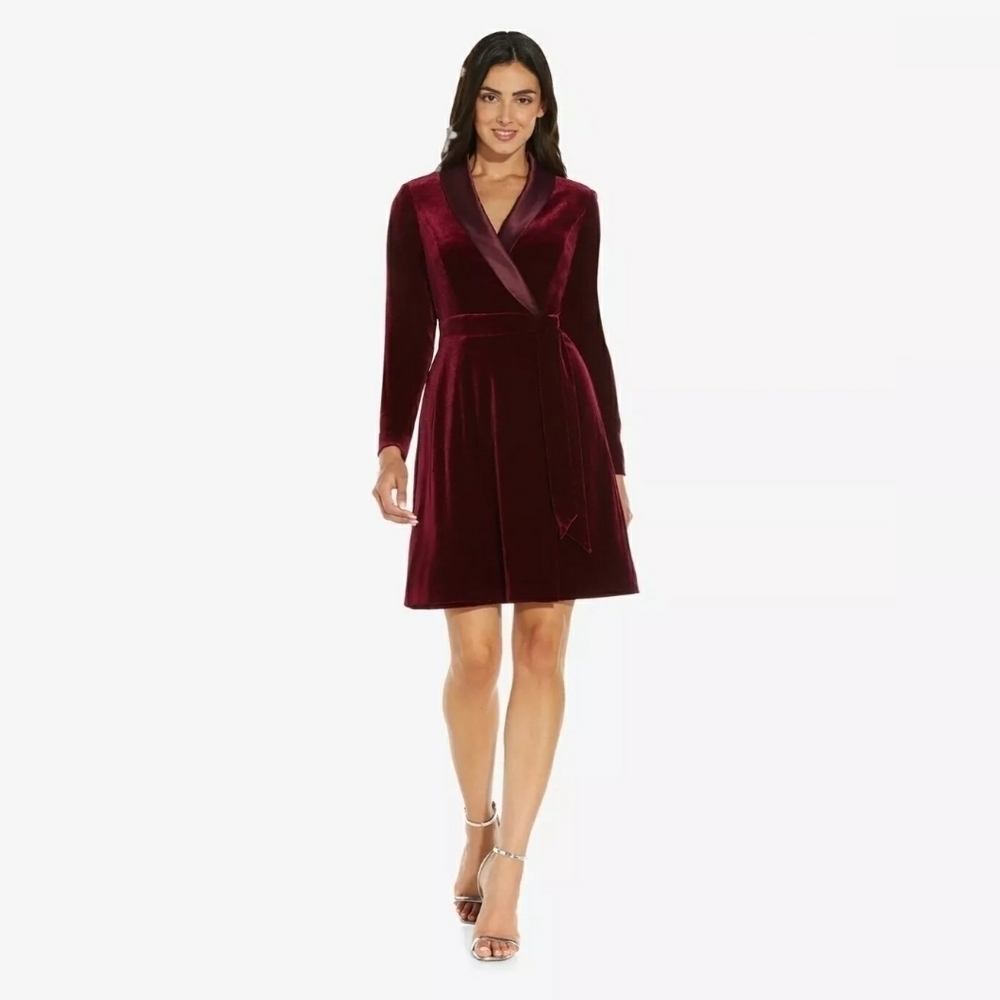 Adrianna Papell Burgundy Velvet Wrap-Style Tuxedo Dress